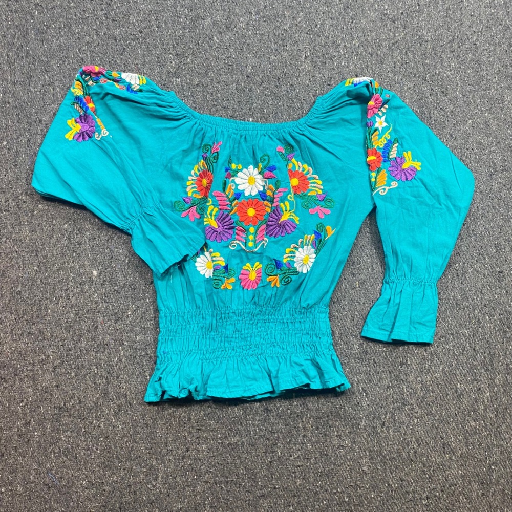 Peasant Blouse Sz S Womens Turquoise Boho Floral Embroidered Smocked Waist Top